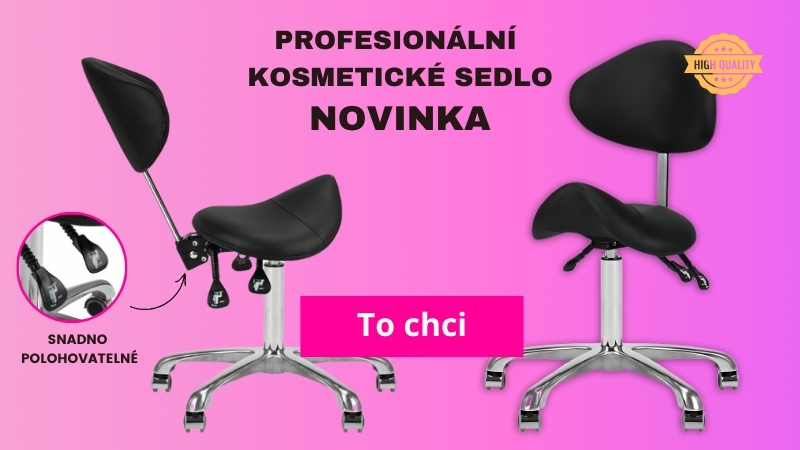 Černé plohovatelné kosmetické sedlo s opěrkou. Nastavení výšky i úhlu opěrky.